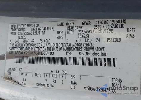 2016 Ford Transit-350 Xlt z USA, uszkodzony, nr VIN 1FBAX2CM7GKB08483